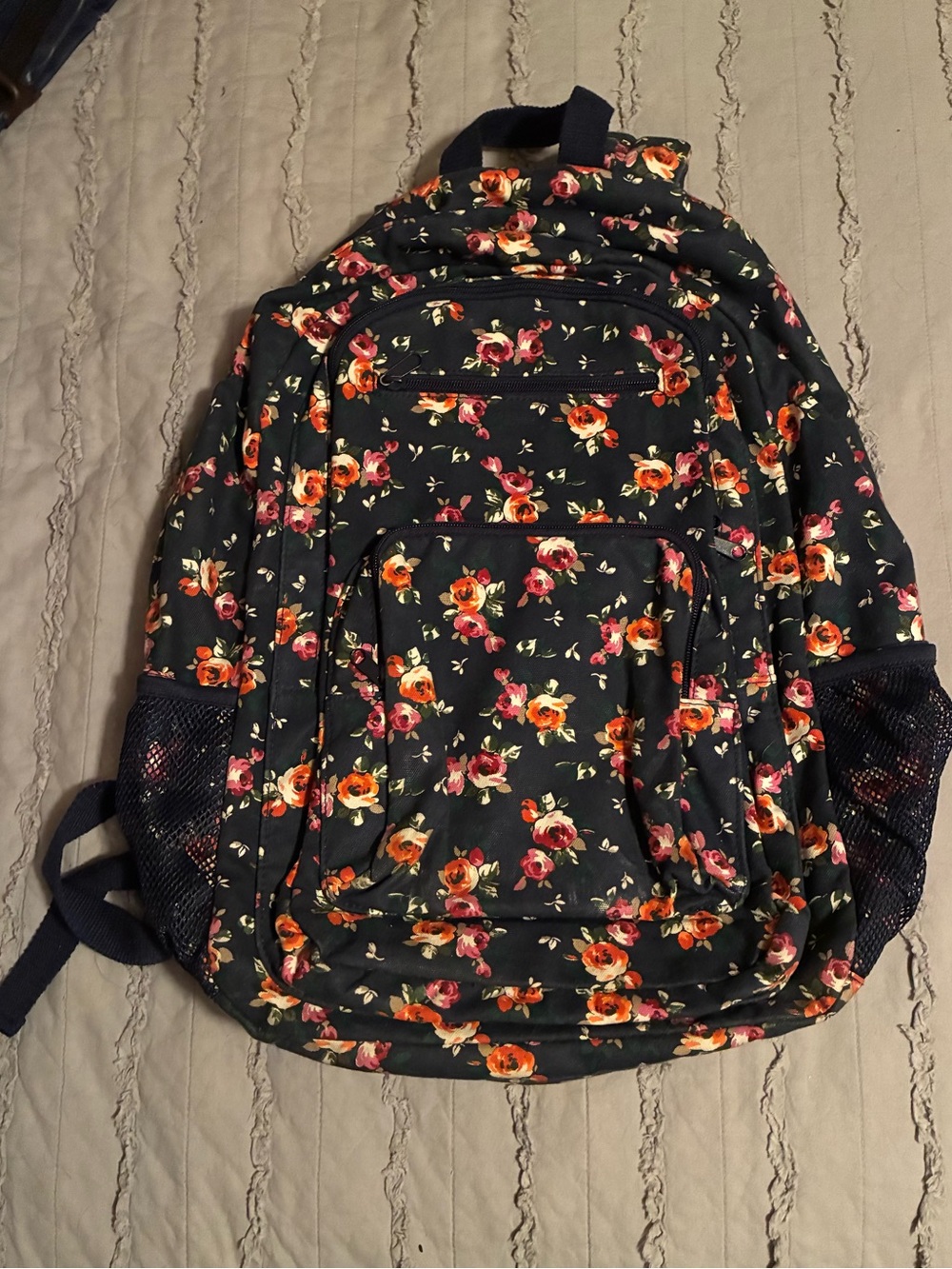 Aeropostale Navy Floral Backpack with Orange and Pink Roses